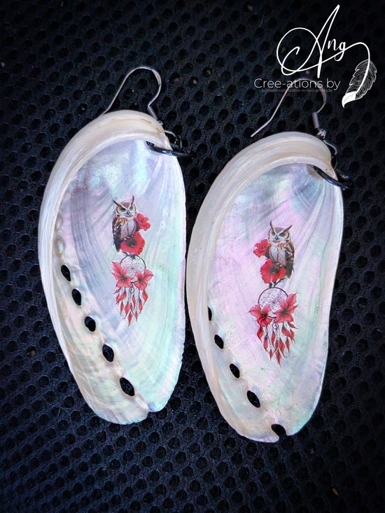 Native American Jewelry - White Pearl Abalone Shell Red Dreamcatcher Owl Drop Earrings